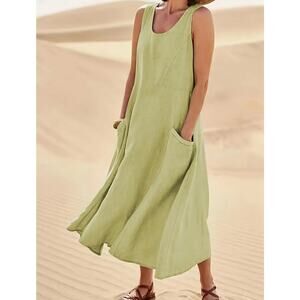 Sleeveless 100% Cotton Midi Dress with Pockets Light Green size 14